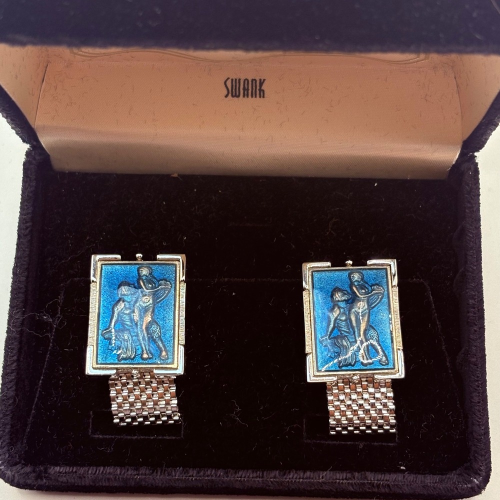 Swank Enamel Classics Blue Enamel Figural Cufflinks, Mid century Wrap Cuff Link
